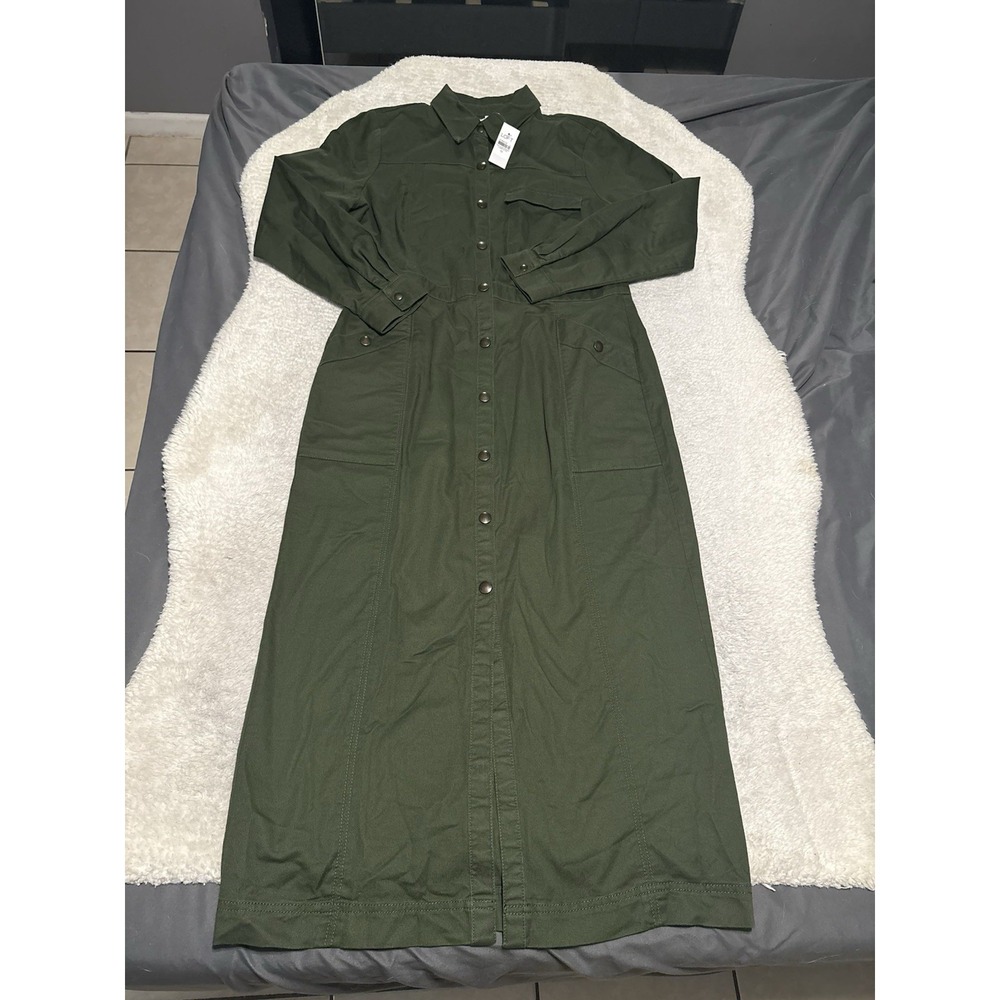 LOFT Womens Olive Green Cotton Twill Utility Snap Front Maxi Shirtdress Size 10